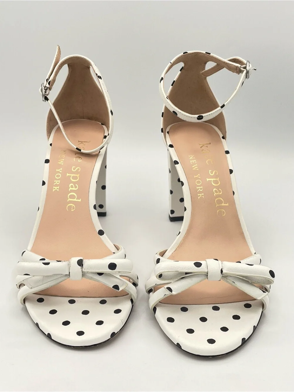 KATE SPADE Flamenco Polka Dot Bow Block Heel Sandals Size 8 White Black